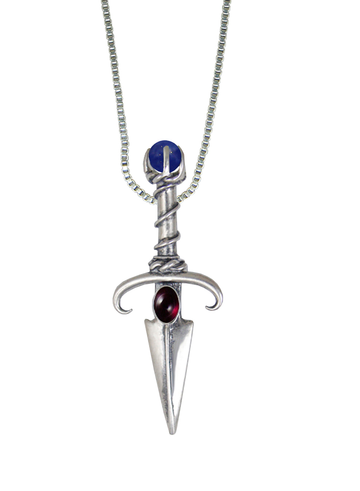 Sterling Silver Black Prince's Knife Dagger Pendant With Garnet And Sodalite